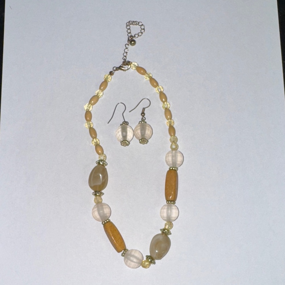Handmade Elegant Gold, Cream, and Wood Beaded Necklace and Earring Set